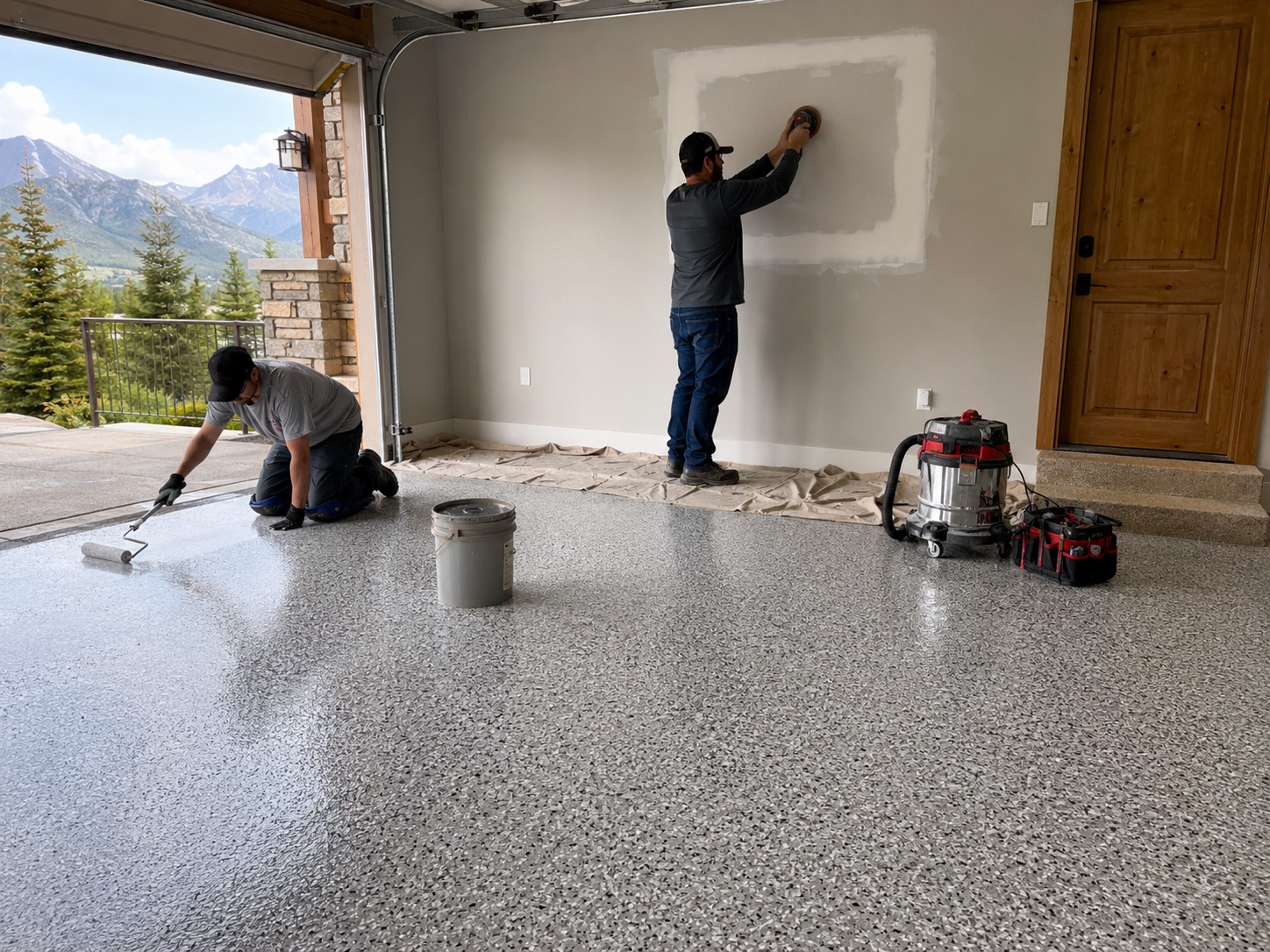 Finished epoxy flake garage floor with mountain view