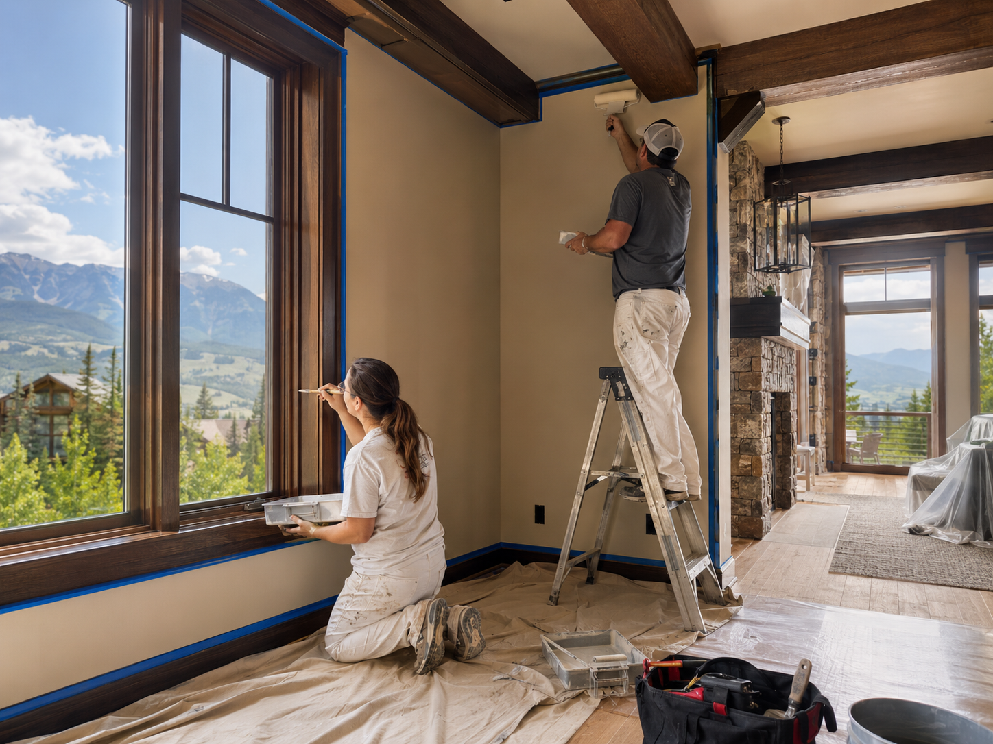 Maldonado's Painting team painting the interior of a mountain home with masked trim